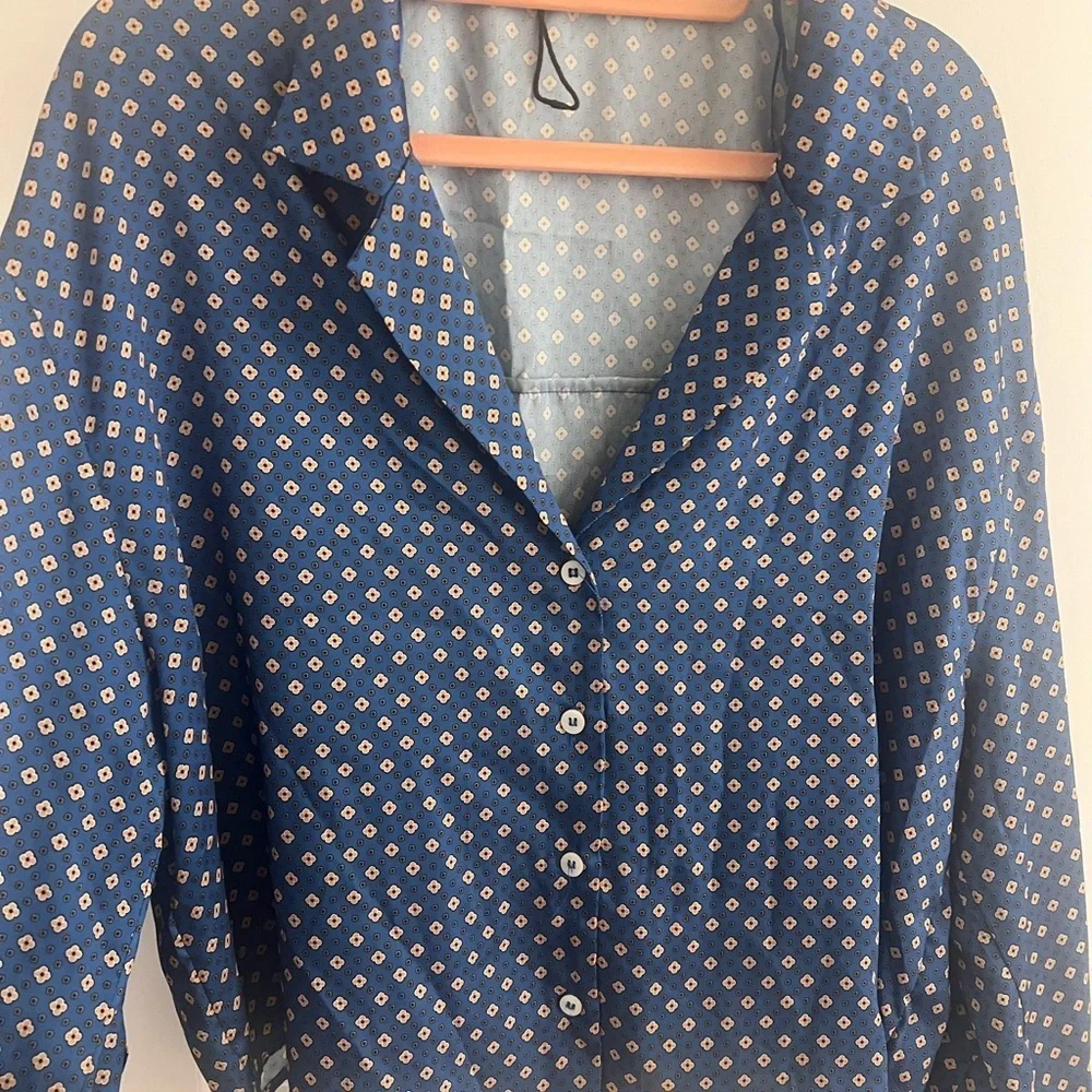 Zara Blue Boxy Satin Button Down Shirt with Notched Collar Size Large - Picture 6 of 10
